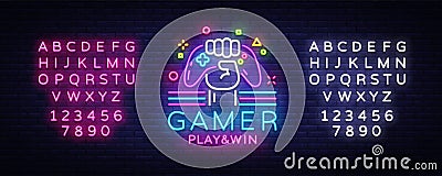 Gamer Play Win logo neon sign Vector logo design template. Game night logo in neon style, gamepad in hand, modern trend Vector Illustration