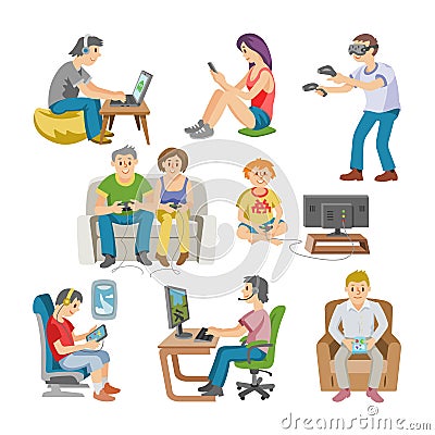 Gamer vector man or woman with child character playing with virtual reality glasses illustration set of people gaming in Vector Illustration