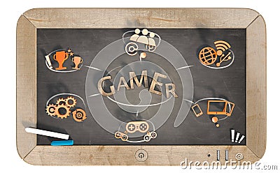 `gamer` word with 3D icons on slate chalkboard Stock Photo