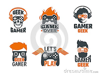 Gamers badges. Joystick video gaming old school labels for smart geek vector template Vector Illustration