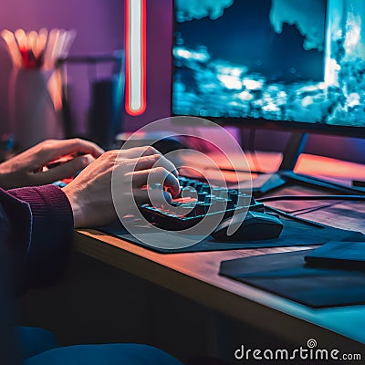 Gamers perspective Close up on keyboard and mouse during gameplay Stock Photo