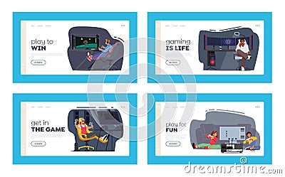 Gamers Playing Computer Games Landing Page Template Set. Teenagers Wear Headset Sitting at Professional Desktops Vector Illustration