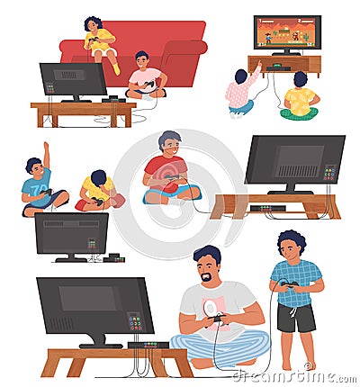 Gamers playing console video games on tv with controllers, vector illustration. Video gaming technologies. Leisure time. Vector Illustration