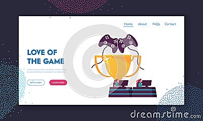 Gamers Sitting at Computers Playing Games during Cybersport Tournament Landing Page Template Vector Illustration