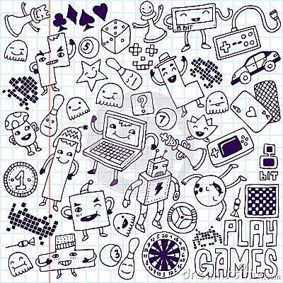 Games doodle set. School notebook. Vector Illustration