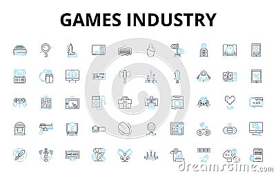 Games industry linear icons set. Gaming, Competition, Innovation, Fun, Strategy, Entertainment, Multiplayer vector Vector Illustration