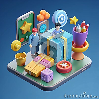 Gamification 3D illustration. Phygital concep. Interactive smartphone integrating rewards, targets, and pixels representing Cartoon Illustration