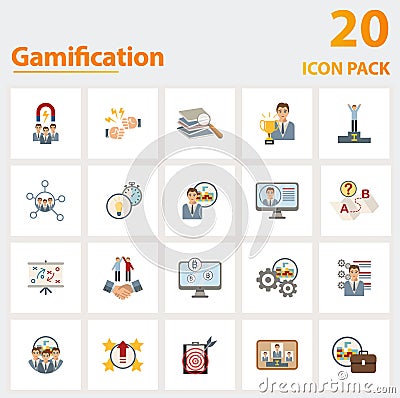 Gamification icon set. Collection of simple elements such as the user engagement, challenge, learning, game thinking Vector Illustration