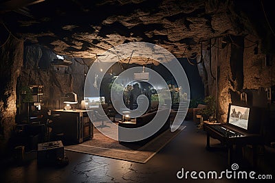 Gaming Cave: Capture a set of images that showcase a dark, immersive gaming cave. Generative AI Stock Photo