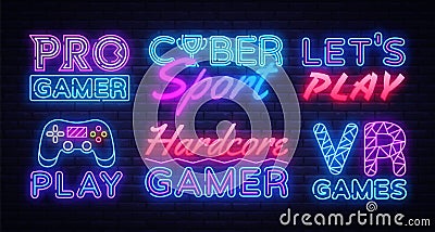 Gaming collection neon signs vector. Gamer design template concept. Neon banner background design, night symbol, modern Vector Illustration