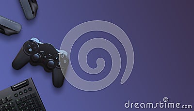 Gaming composition with joypad, keyboard and headphones with copy space on purple surface Stock Photo