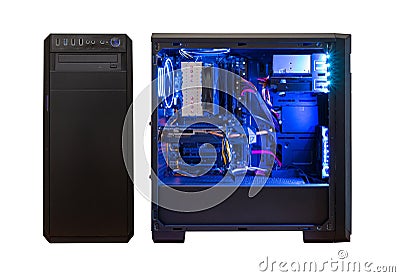 Gaming computer isolated. Modern computer case with components Stock Photo