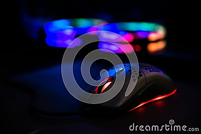 Gaming Mouse and RGB Led Lights Stock Photo