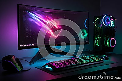 gaming computer and rgb gaming mouse, monitor. Generative AI. Stock Photo