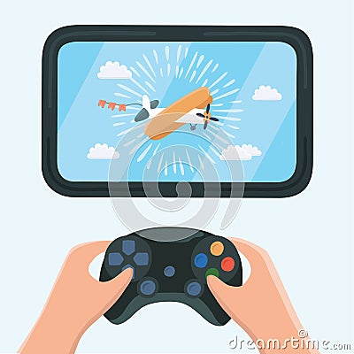 Gaming concept. Man holding in hands gamepad and playing in race videogame. Vector flat illustration. Vector Illustration