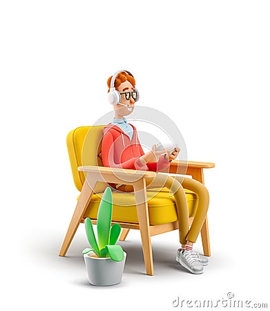 3d illustration. Nerd Larry playing video games while sitting in a chair. Gaming concept. Cartoon Illustration