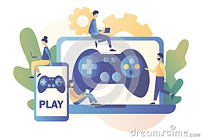 Gaming concept. People gamers playing online video game. Modern flat cartoon style. Vector illustration on white Vector Illustration