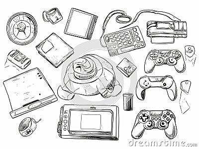 Gaming gadgets computer play technologies icons in hand-drawn style Vector Illustration