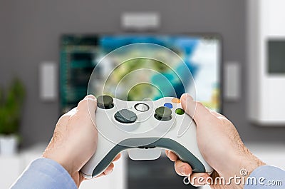 Gaming game play video on tv or monitor. Gamer concept. Stock Photo