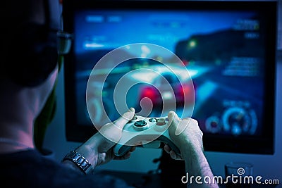 Gaming game play video on tv or monitor. Gamer concept. Stock Photo