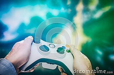 Gaming game play video on tv or monitor. Gamer concept. Stock Photo