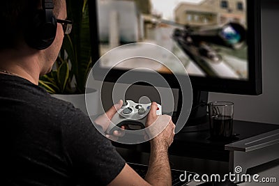 Gaming game play video on tv or monitor. Gamer concept. Stock Photo