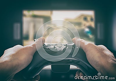 Gaming game play video on tv or monitor. Gamer concept. Stock Photo