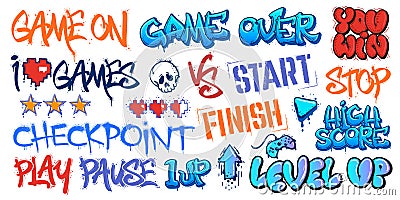 Gaming graffiti. Game over street art, level up and you win lettering. Play and pause, start and finish sprayed tags Vector Illustration