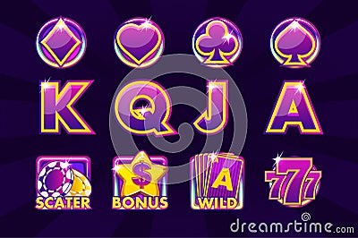 Gaming icons of card symbols for slot machines or casino in purple colors. Game casino, slot, UI Vector Illustration