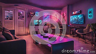 A gaming lounge with neon-lit gaming consoles and wall art, catering to Stock Photo