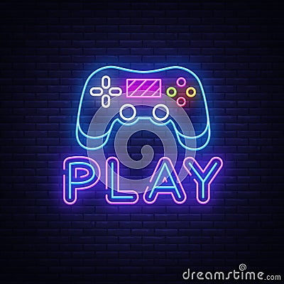 Gaming neon sign vector. Play Design template neon sign, light banner, neon signboard, nightly bright advertising, light Vector Illustration