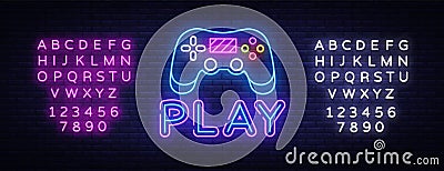 Gaming neon sign vector. Play Design template neon sign, light banner, neon signboard, nightly bright advertising, light Vector Illustration