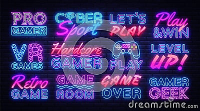 Gaming neon signs set design template. Big Collection Game Signs neon, light banner design element colorful modern Vector Illustration