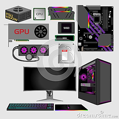 Gaming PC vector illustration set Vector Illustration