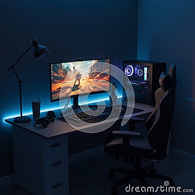 Gaming setup featuring a widescreen monitor displaying a colorful video game scene Stock Photo