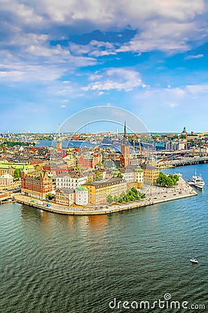 Gamla Stan, the old part of Stockholm in a sunny summer day, Sweden. Aerial view from Stockholm City hall Stadshuset Stock Photo