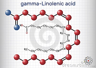 Gamma-Linolenic acid, GLA, gamolenic acid molecule. It is Omega 6, polyunsaturated long-chain fatty acid found in seed oils. Vector Illustration