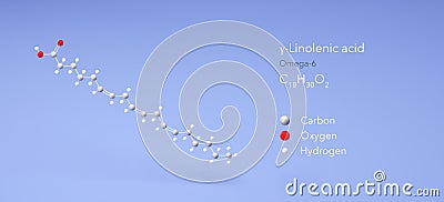 gamma-linolenic acid molecule, molecular structures, omega-6, 3d model, Structural Chemical Formula and Atoms with Color Coding Stock Photo