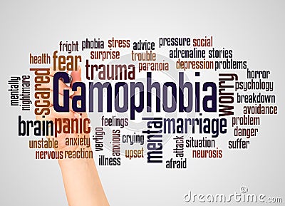 Gamophobia fear of marriage word cloud and hand with marker concept Stock Photo