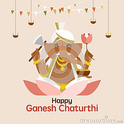 Lord Ganesh sitting on a lotus flower. Festival greeting background for Ganesh Chaturthi Vector Illustration
