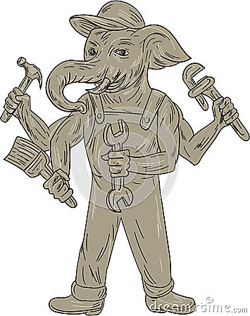 Ganesha Elephant Handyman Tools Drawing Vector Illustration