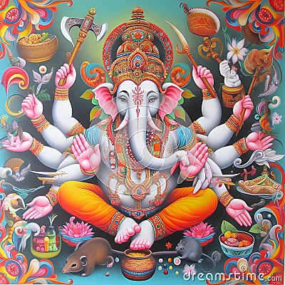 Ganesha's Embrace: A Tapestry of Spiritual Beauty Cartoon Illustration