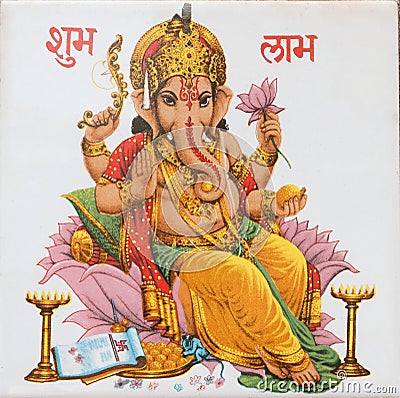 Ganesha sitting on lotus flower, India Stock Photo