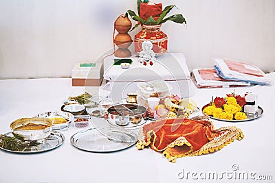 The worship items for thread ceremony puja, pooja focus on the Stock Photo