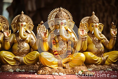 the ganeshas are pictured in their sitting pose, with gold plated hands and arms Stock Photo