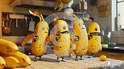 A gang of bananas on a kitchen counter doing the robot one accidentally booping another on the nose with their peel Stock Photo