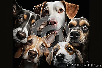 Gang of dogs taking a selfie on dark background. Generative Ai Stock Photo