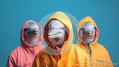 Gang family of Dolphin in vibrant bright fashionable outfits, commercial Stock Photo