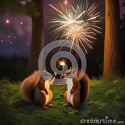 A gang of squirrels launching acorn fireworks into the night sky in a woodland celebration2 Stock Photo