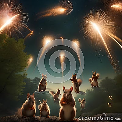 A gang of squirrels launching acorn fireworks into the night sky in a woodland celebration4 Stock Photo